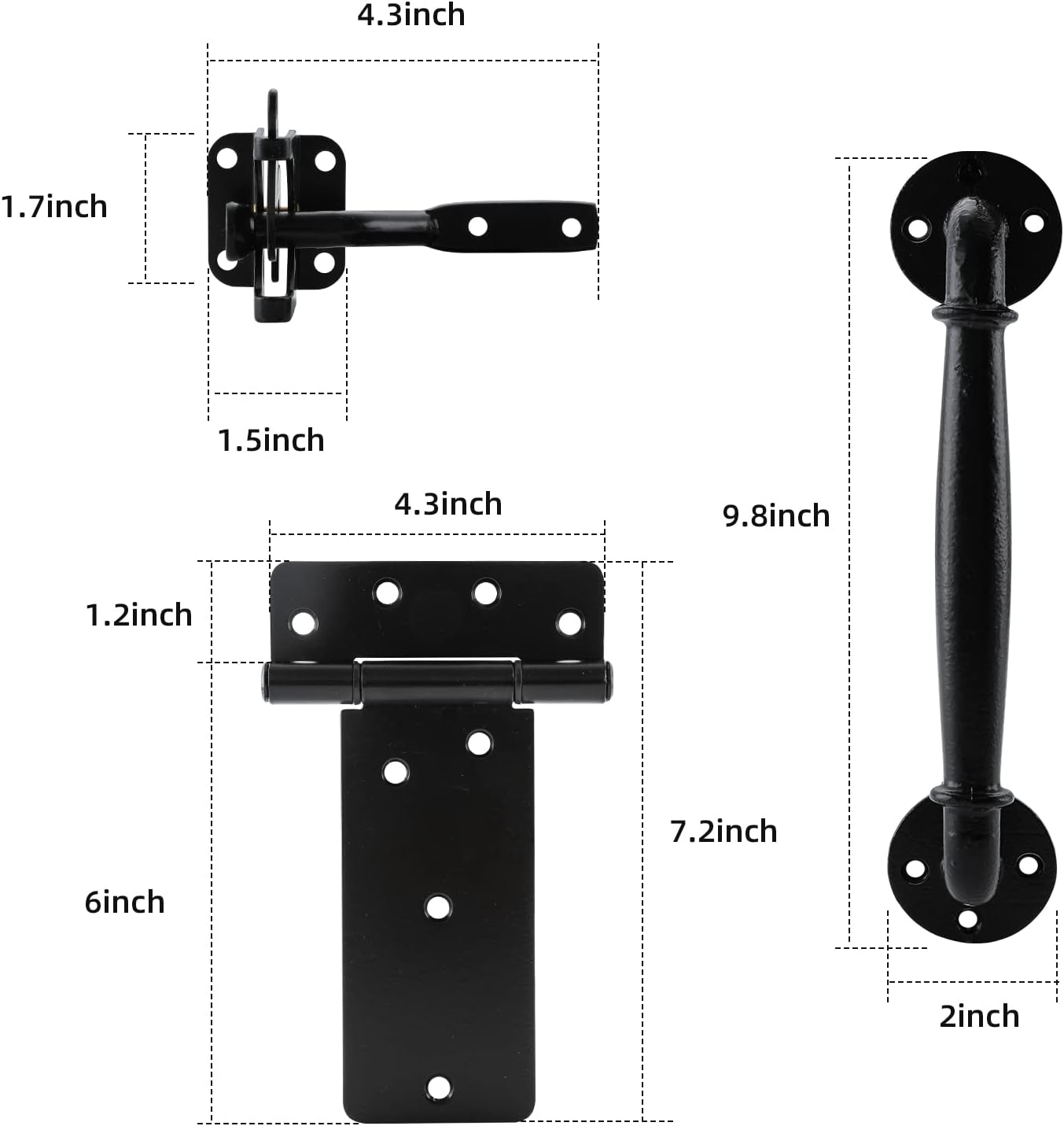 HOME MASTER HARDWARE Wood Gate Hardware Set - Heavy Duty 6in T Hinge & Self-Locking Gate Latch & Industrial Pipe Door Pull Handle 10 Inch with Screws for Outdoor Fence Swing Gate Black Finish