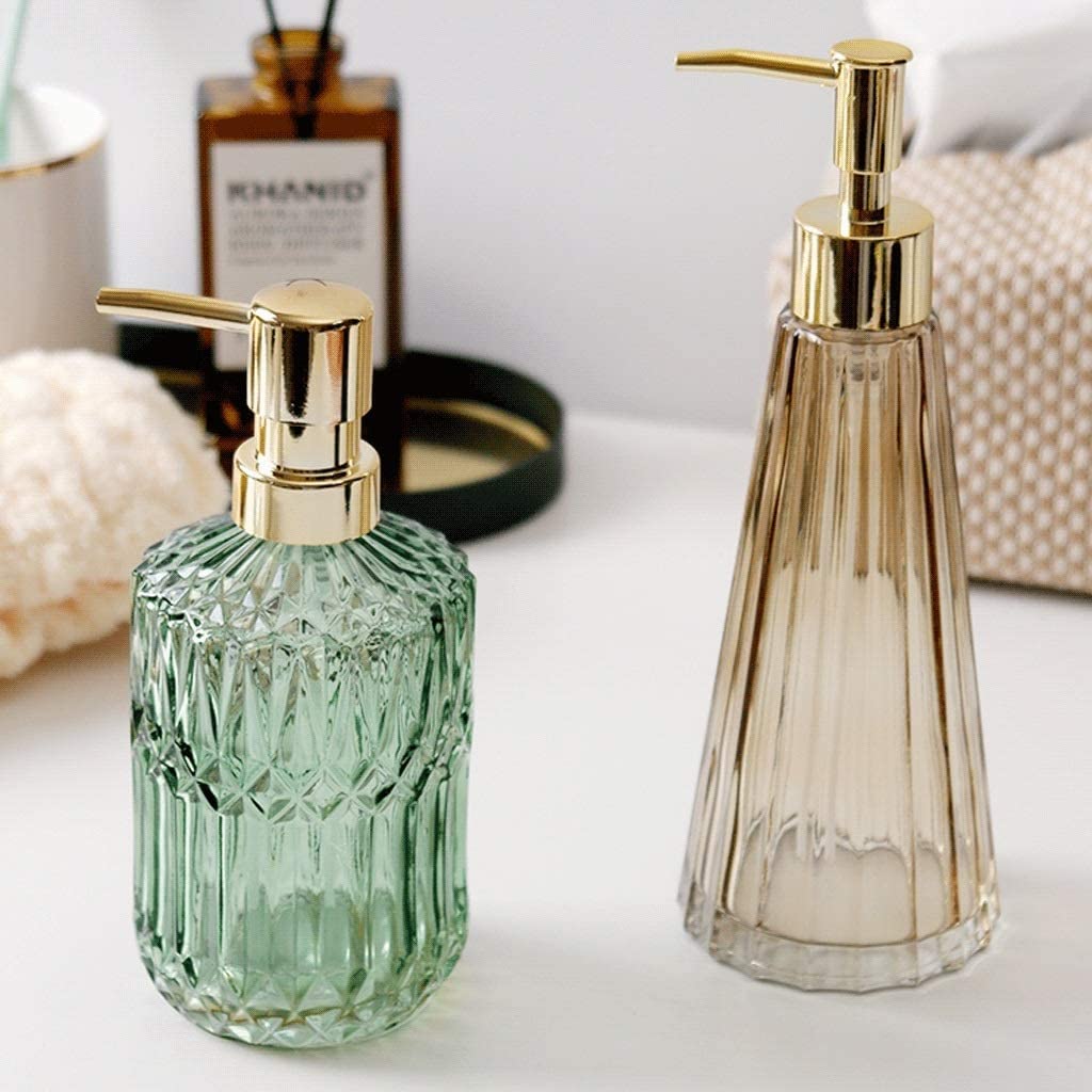 Dispensador de jabón líquido con Bomba, Botellas de Vidrio, Paquete de 3, Transparente, Grueso, Recargable, para baño y Cocina, 10/13.5 oz de loción (
