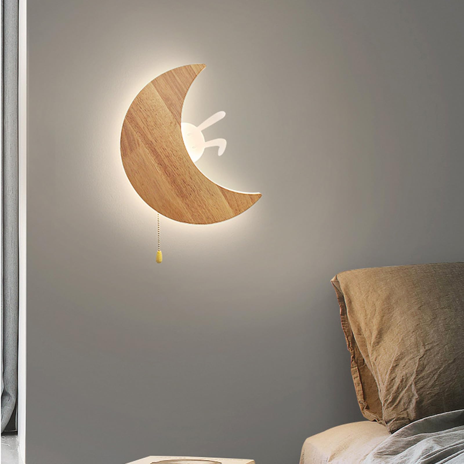 LED Habitación Infantil Aplique de Pared con Interruptor de Cadena Luz de Pared 3000K/4000K/6000K Regulable Lámpara de Pared Madera Maciza/Acrílico para Dormitorio (D)