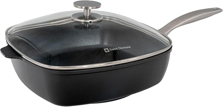 Swiss Diamond Nonstick Hybrid Ceramic and Diamond-Infused Square Saute Pan With Glass Lid, Dou Ceramic, Dishwasher & Oven Safe Up To 500 F, 11 x 11-Inches