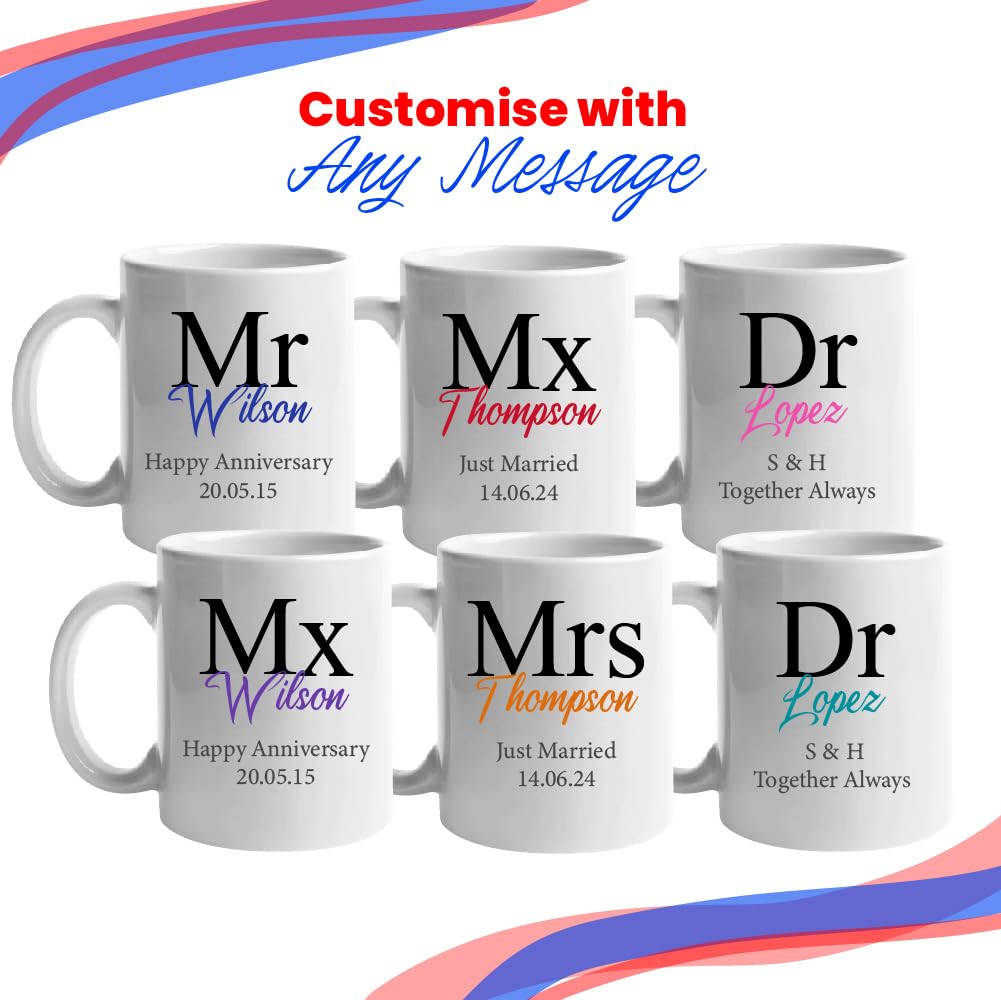 Juego de tazas personalizadas de género neutro para boda, juego de tazas Mx y Mx o título personalizado con cualquier mensaje y apellido, diseño de fuente clásico, caja de regalo, tazas de 312 ml