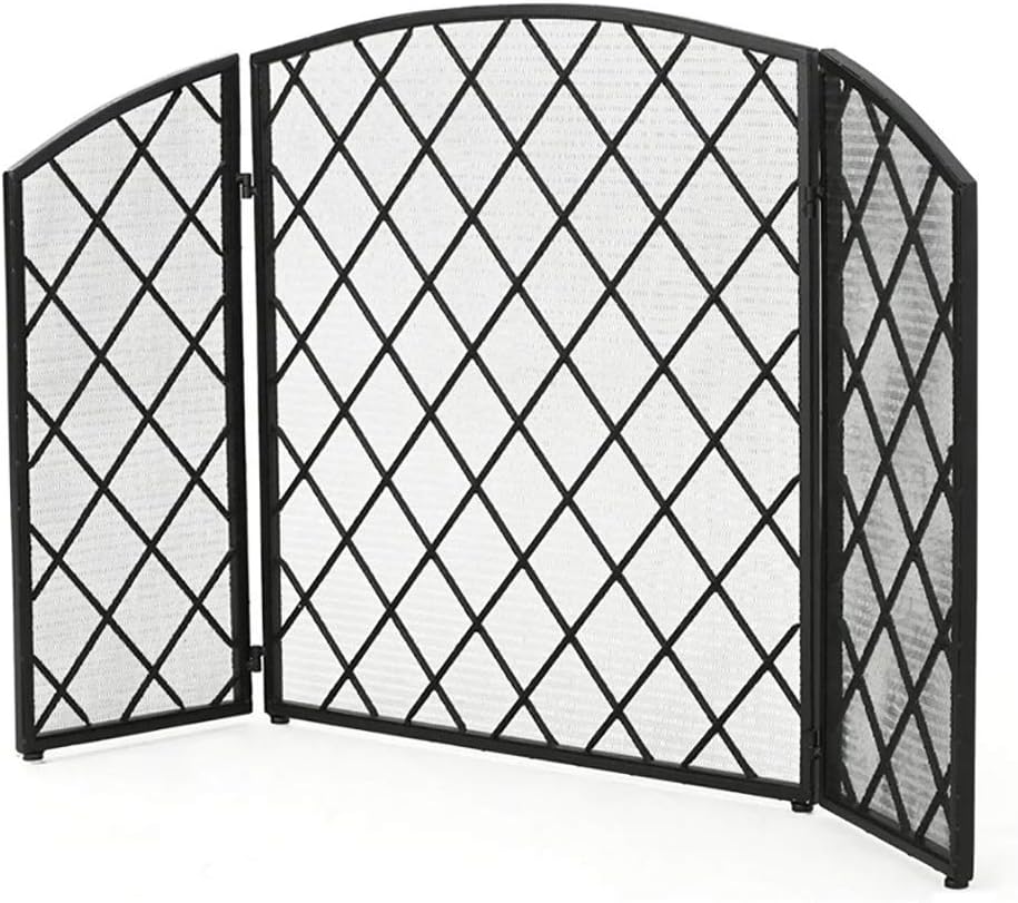 Fireplace Screen Guard, 3 Panel Fireplace Screen with Mesh Cover, Baby Pet Safety Fire Guard Screen for Indoor Outdoor, Wrought Iron, 2 Color (Color : Black)