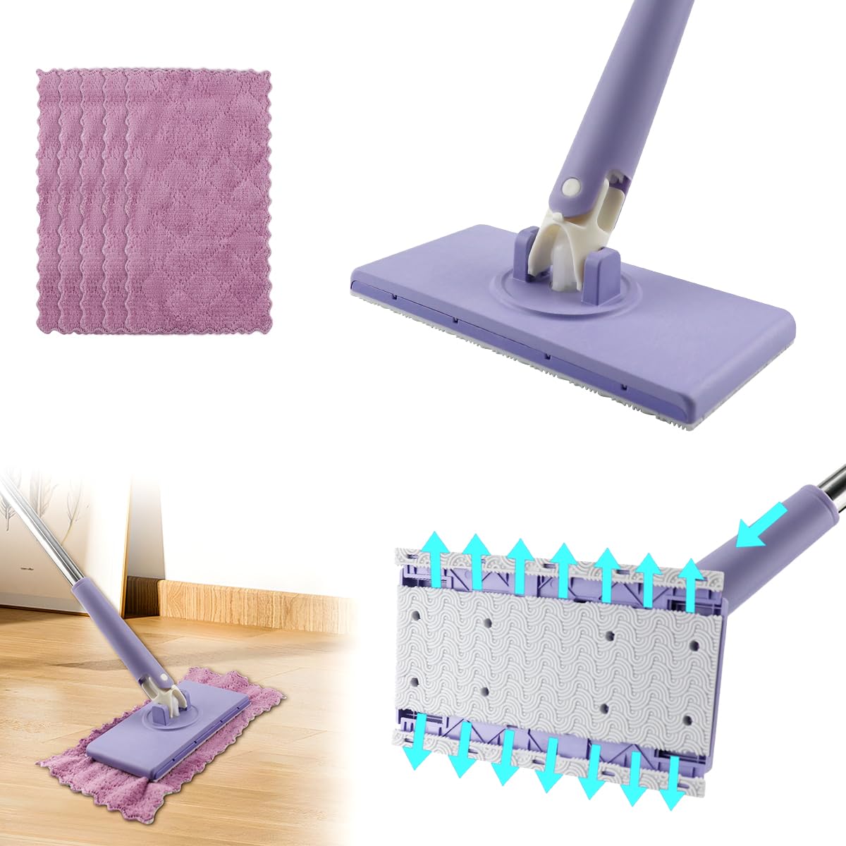Mocio Snap Grip Con Clip E Cambio Panno Senza Usare Le Mani, Testa Girevole 360°, 10 Panni Riutilizzabili, Pratico Per Pavimenti, Bagno E Cucina