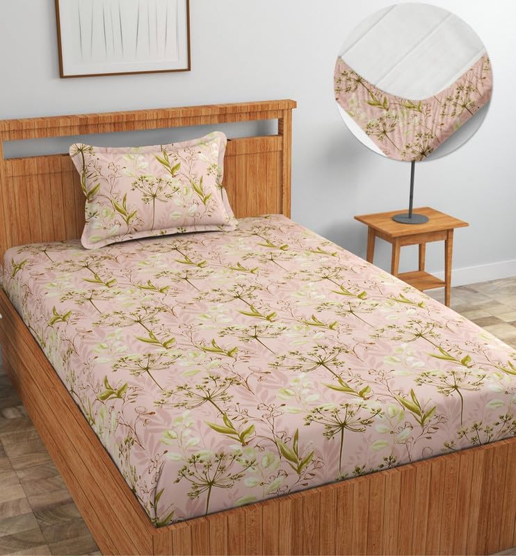 Image of NEW LEAF Premium Cotton Elastic Fitted Bedsheets with 1 Pillow Covers |Printed Single Bed Elastic 220 TC Supersoft Breathable & Wrinklefree | for 72x36+6 Inches, Begie Green