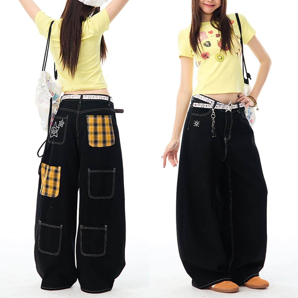 Vintage Y2K Wide Leg High Waisted Jeans Cute Embroidered Grid Patchwork Streetwear Multi-Pocket Denim Pants - Image 3