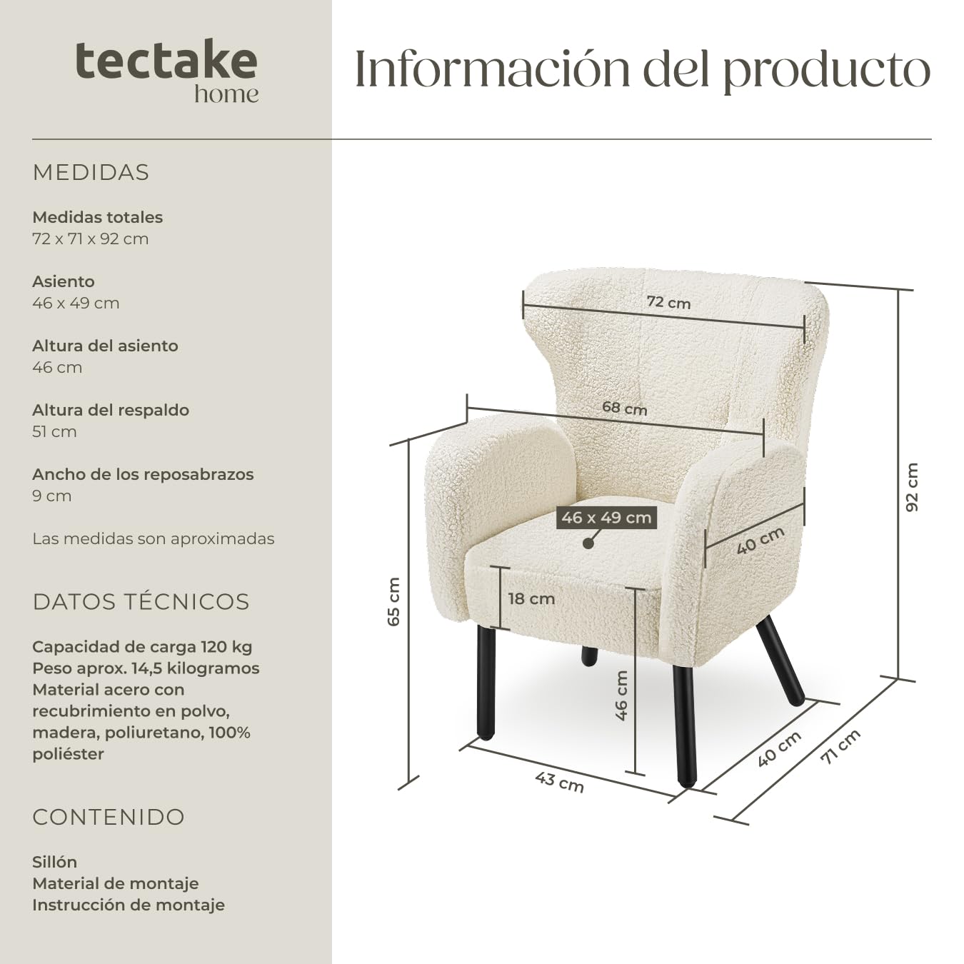 tectake® Sillón Orejero Tapizado en Bouclé, Butaca de Salón, Sillón de Lectura Acolchado, Silla Diseño Escandinavo con Reposabrazos, Estructura en Acero y Topes Antideslizantes, Muebles de Salón