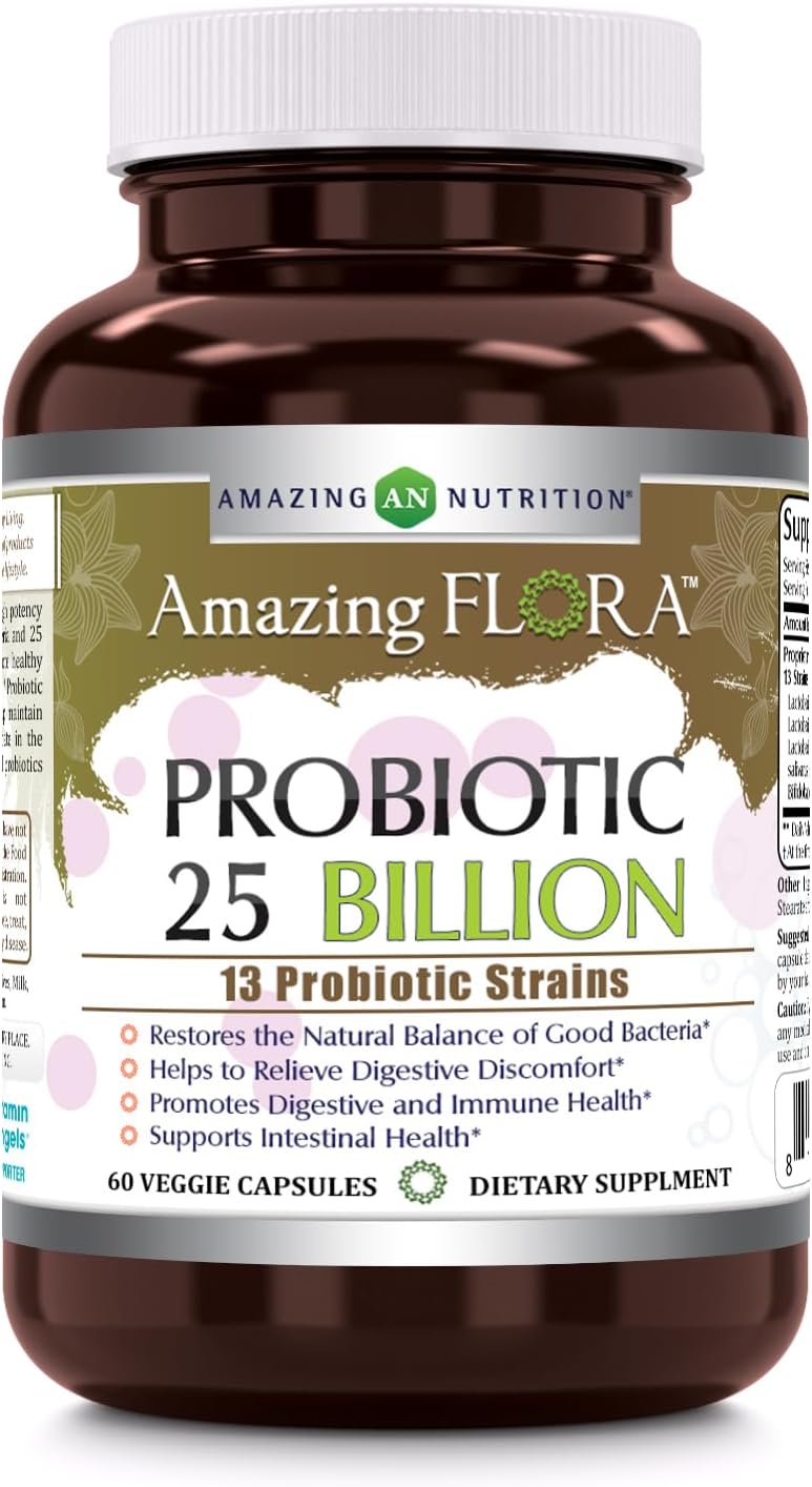 Amazing Flora Probiotic 13 Best Probiotics Strains | 25 Billion | 60 Veggie Capsules Supplement | Non-GMO | Gluten Free | Suitable for Vegetarians | Made in USA