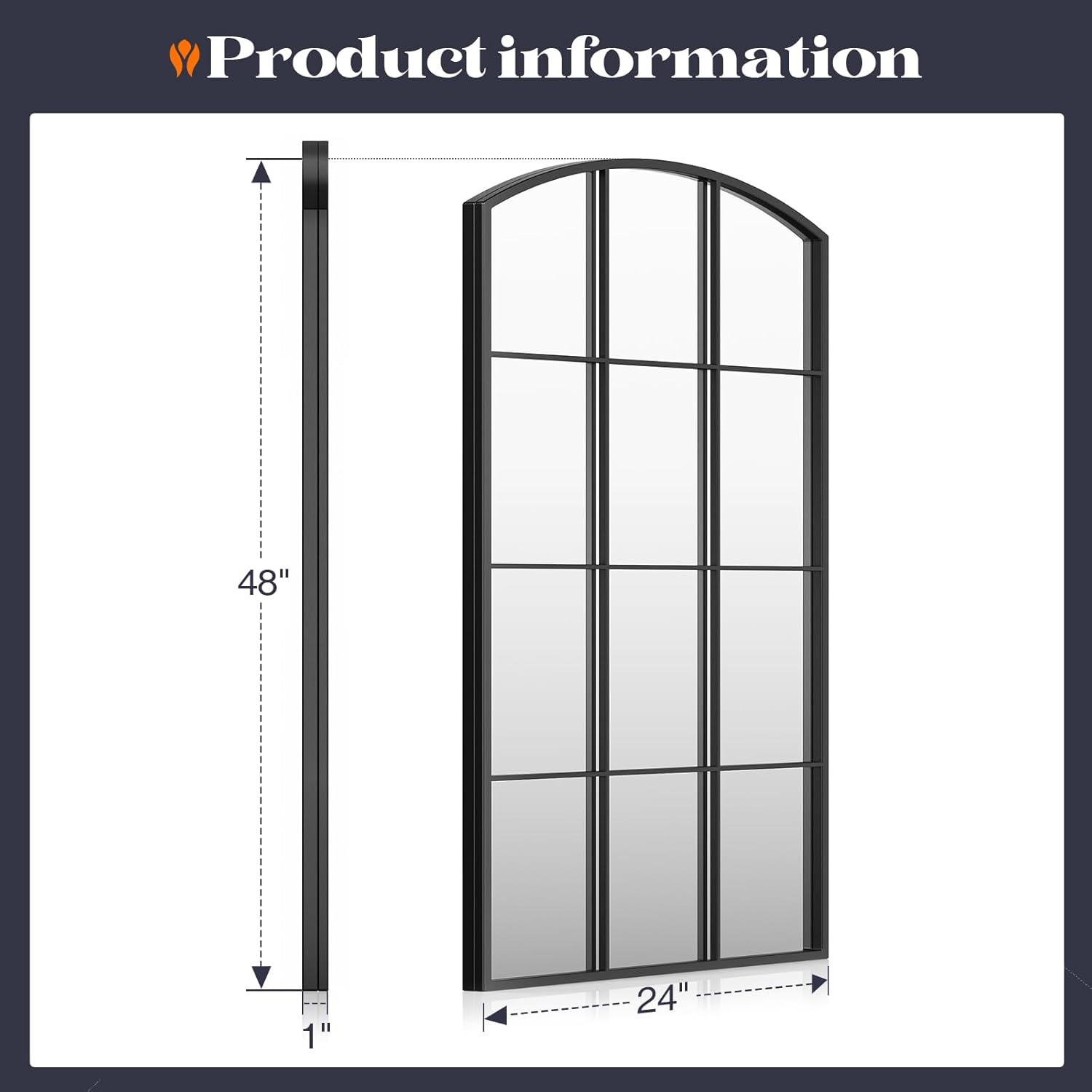 Arched Window Mirror, 24" x 48" Black Window Mirrors for Wall, Tall Farmhouse Grid Mirror for Living Room Bedroom Dining Room Fireplace Hallway Mantle Entryway