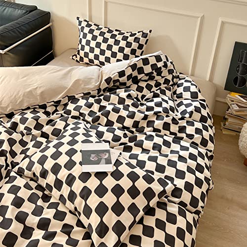 Liwhenhao Check Duvet Cover Set Queen 100% Cotton Bedding Black And Cream White Checkered Plaid 1 Geometric Grid Comforter Cover Full Zipper Closure 2 Pillowcases For Kids Girls Boys Woman #TOP3