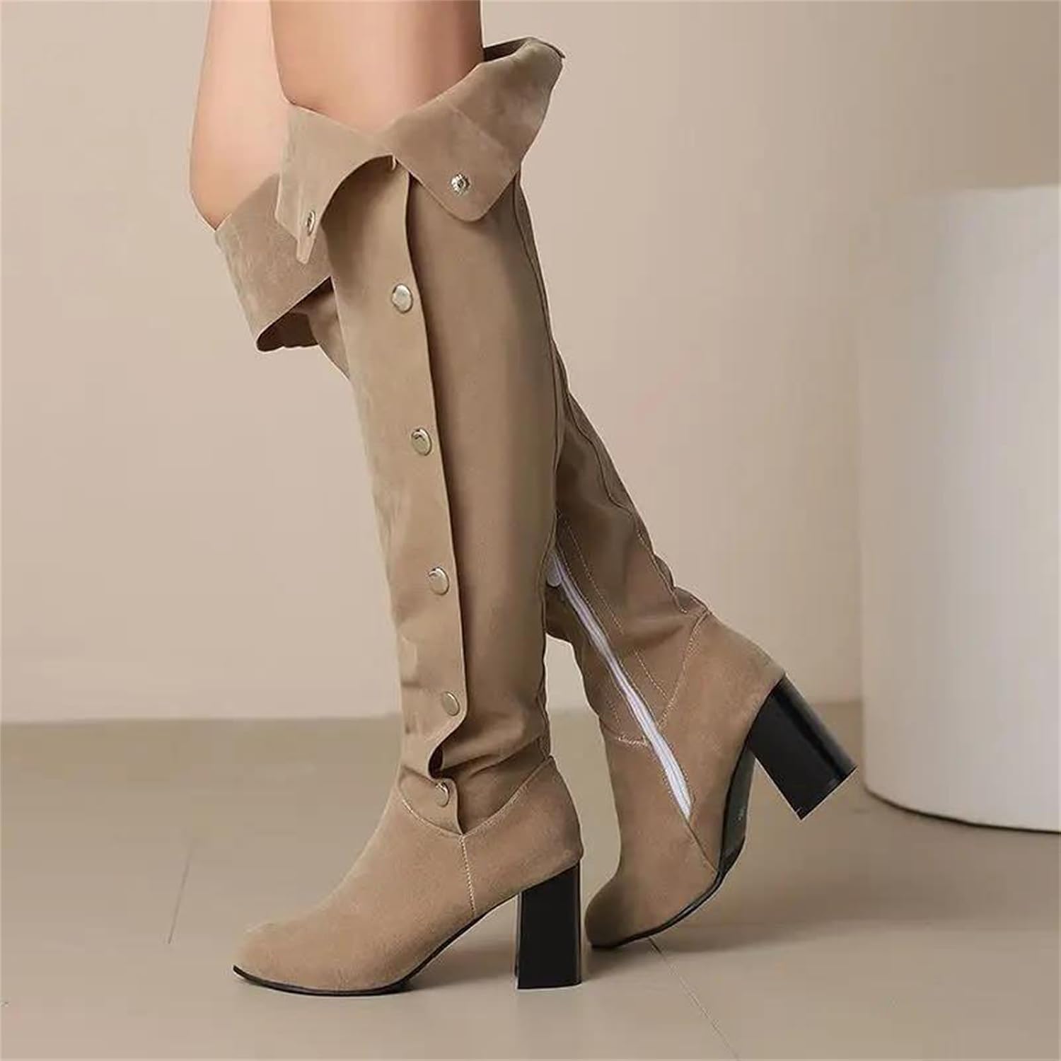 Women's Over-The-Knee Boots Modern Thigh High Party Style with Round Toe High Block Heel Platform and Edgy Rivet Details