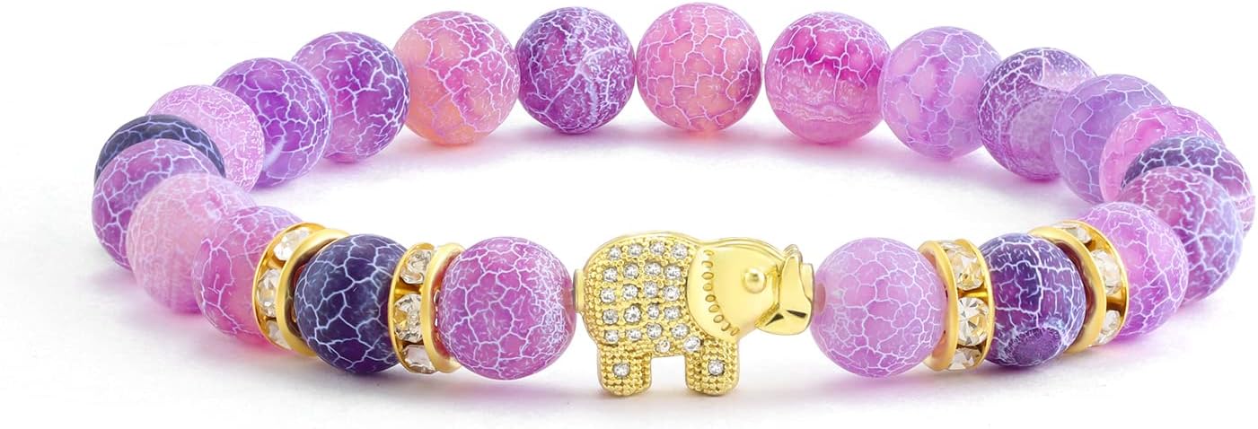 8mm Natural Lava Stone CZ Gold Elephant Bracelet Yoga Balancing Reiki Healing Jewelry, 7.5" Purple