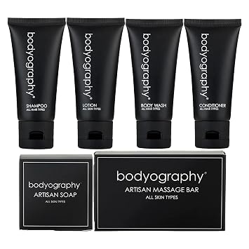 World Amenities - Bodyography Toiletry Kit - 6 Piece Set Shampoo, Conditioner, Body Wash, Lotion, Hand Soap, Massage Bar, Clear Travel Bag