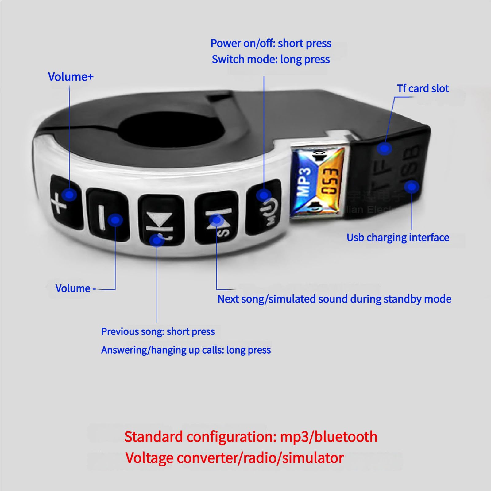 Altoparlante Stereo per Moto Bluetooth Impermeabile con Supporto per Manubrio. Supporta Bluetooth, Riproduzione da Scheda TF e Ricarica USB per telefoni cellulari