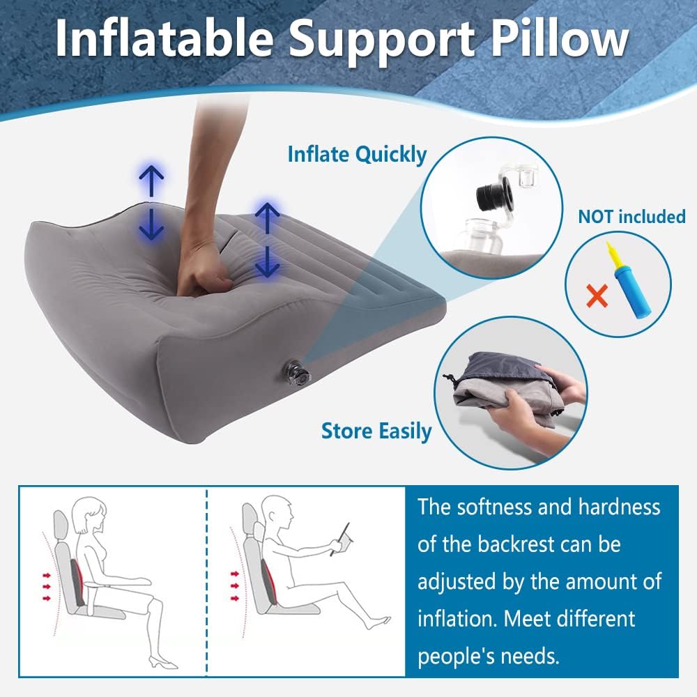 Inflatable Lumbar Support Pillow, Blow Up Travel Back Cushion, Lumbar Support for Lower Back Pain, Office Chair Sitiing, Gaming, Car Seat Backrest, Ergonomic Body Positioning Pillow (Grey)