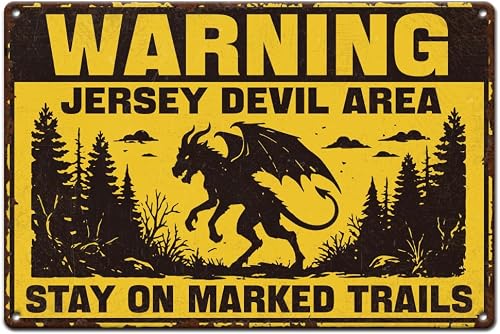 SUPERDANT Jersey Devil Warning Sign 12x8 Inch Metal Wall Art Decor Vintage Rectangular Tin Sign With Pre Drilled Holes For Easy Hanging Gift For Home Office Living Room Colorful