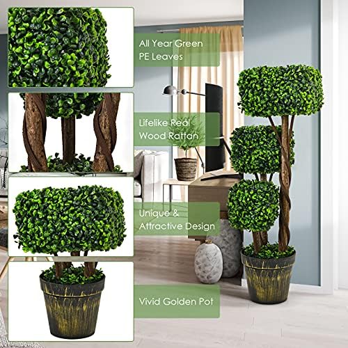 COSTWAY Artificial Topiary Tree, Triple Square Shaped Fake Plant with Built-in Cement Pot, Wooden Rattan, Faux Greenery Plants Decoration for Indoor Outdoor (89cm)