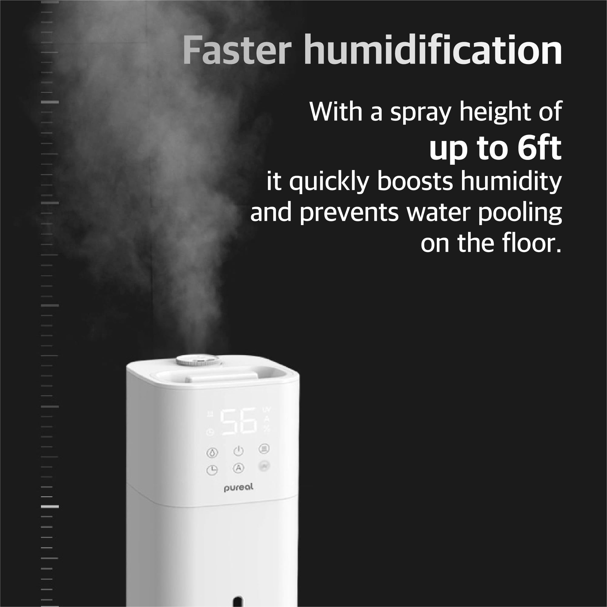 Pureal Humidificador de torre, 2.6 galones (10 L) sobre ruedas, niebla cálida y fría de 3 etapas, dura 83 horas, habitación grande con luz ambiental, ajuste de humedad, temporizador de 12 horas