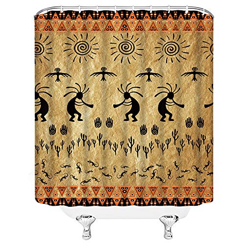 Southwestern Kokopelli Shower Curtain Black Brown Native American Navajo Ethnic Tribal Vintage Geometric Retro Fabric Bathroom Decor Curtain With Hooks #TOP2