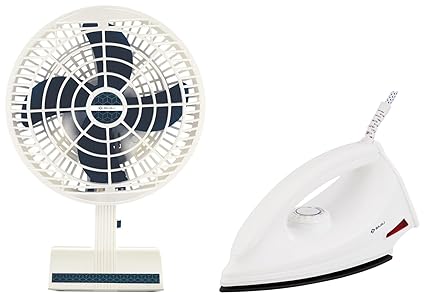 Bajaj Ultima Neo PT-01 200 mm Table Fan - Blue & Bajaj DX-6 1000W Dry Iron with Advance Soleplate and Anti-bacterial German Coating Technology, White