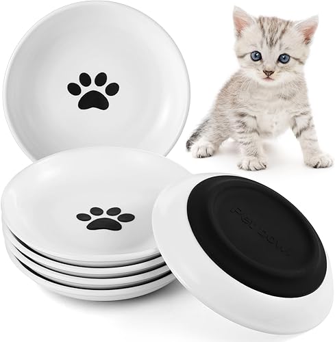 Miniatura 9 de Dorakitten Cuencos de cerámica para gatos, paquete de 10, platos anchos y poco profundos para gatos con parte inferior de silicona antideslizante