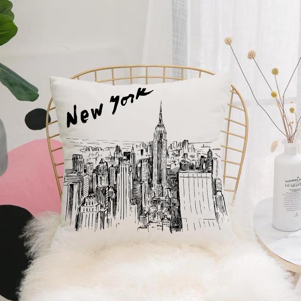 Hyosxw New York, Vintage Hand Drawn Cityscapes With - A8 Cushion Cover,Throw Pillow Case Home Decorative For Living Room Bedroom Sofa Chair 18X18 Inch,New York, Vintage Hand Drawn Cityscapes With Skyscrapers,Pillowcase 45X45cm