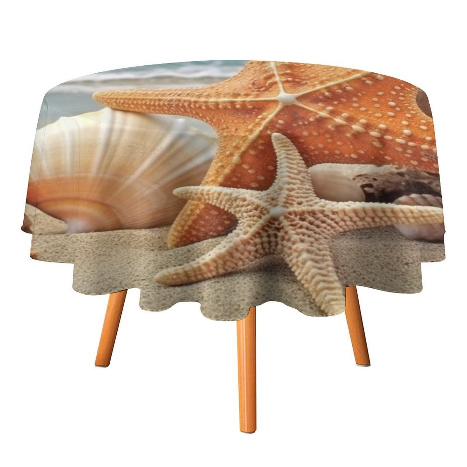 SMAZDFXX Starfish Seashell Beach Tablecloth for Restaurant, Round Polyester Table Cover 60x60in for Party