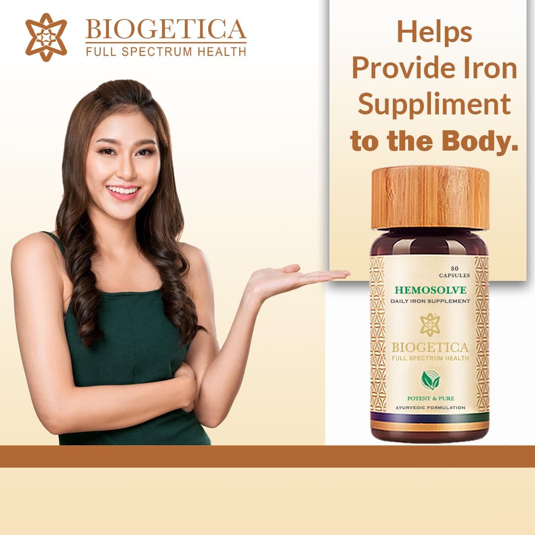 Biogetica Hemosolve Herbal Daily Iron Supplement with Kassisa Mineral and Sarsaparilla Root - Non-GMO - 100% Vegan Ayurveda Supplement - 80 Capsules