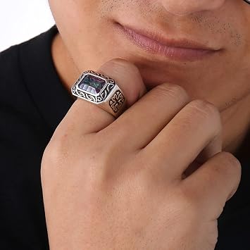Silver Rings for Men Cut Created Emerald 925 Sterling Silver Wedding Engagement Band (8)