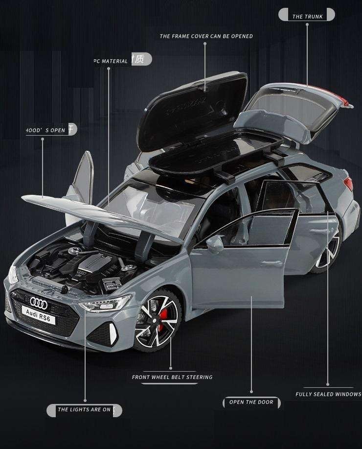 Image of Model Car Exclusive Alloy Metal Pull Back Die-cast Car Metal Pullback Toy car with Openable Doors & Light Music Best Gifts Toys Kids (1:32 Scale Audi RS6 - Grey)