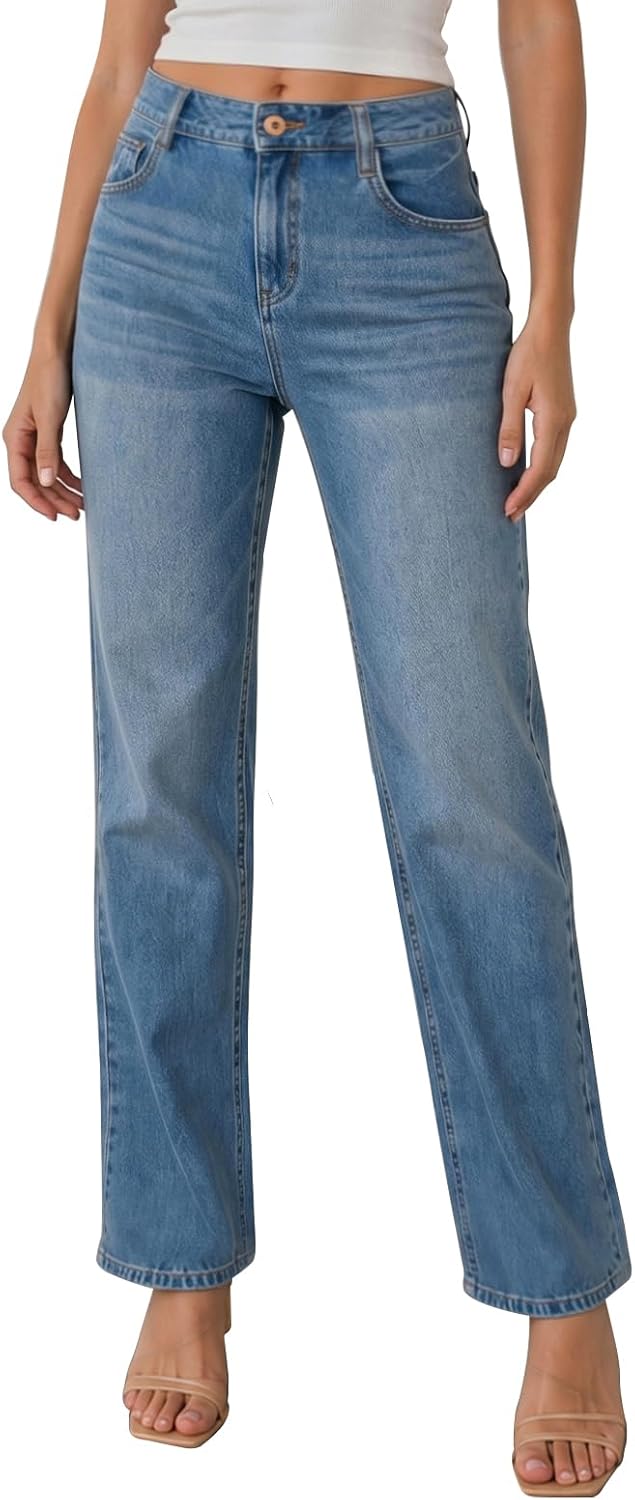 Women's Straight Leg Jeans Stretchy Flex Denim Mid Waist Pants Trendy Casual Loose Fit Trouser with Pockets