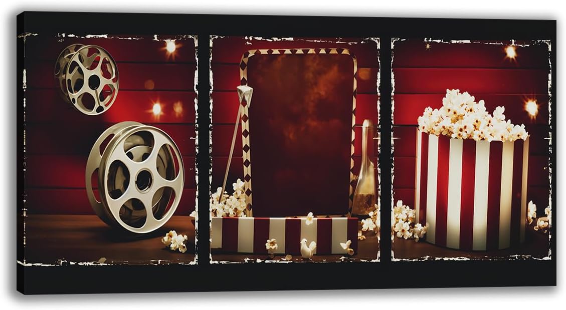 Vintage Film Popcorn Canvas Wall Art, Classic Old Fashion Film Reels Popcorn Painting Print Vintage Filmmaking Concept Scene Picture Poster for Office Media Room Bar Pub Decor(Artwork-01, 16"x8")