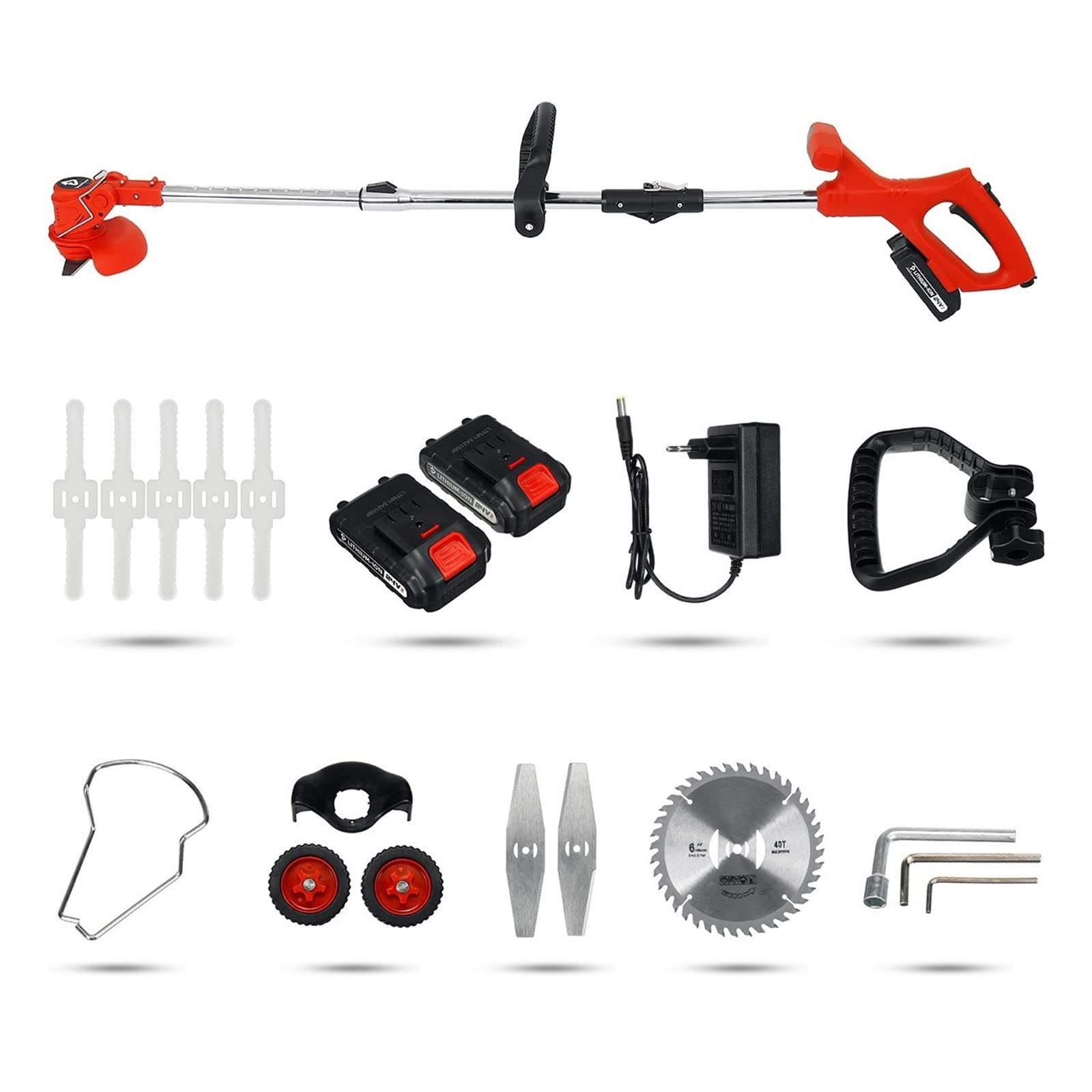 Cortasetos, Recortadora de césped eléctrica plegable, 21V, 1800W, cortadora de césped portátil inalámbrica, herramientas de poda de jardín con batería de 2 piezas y ruedas(Red 2Battery)