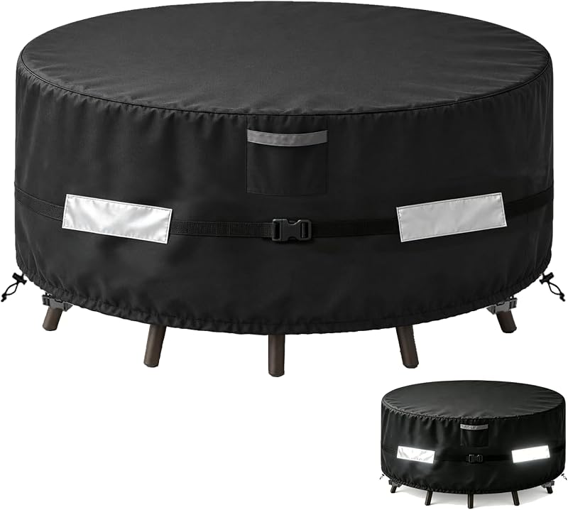 Funda redonda para juego de mesa y silla de patio, 48 pulgadas de diámetro x 28 pulgadas de alto, resistente al agua, 600D Oxford, funda para muebles de exterior, resistente a los rayos UV, resistente al viento para mesa redonda y sillas combinadas