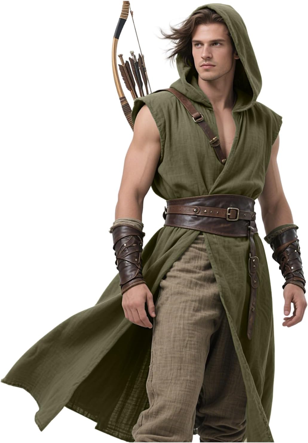 L'VOW Men's Medieval Hooded Surcoat Renaissance Tabard Sleeveless Tunic Cloak Viking Costume Holloween Assassin Cosplay