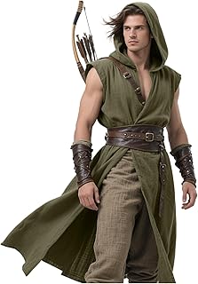 Men's Medieval Hooded Surcoat Renaissance Tabard Sleeveless Tunic Cloak Viking Costume Holloween Assassin Cosplay