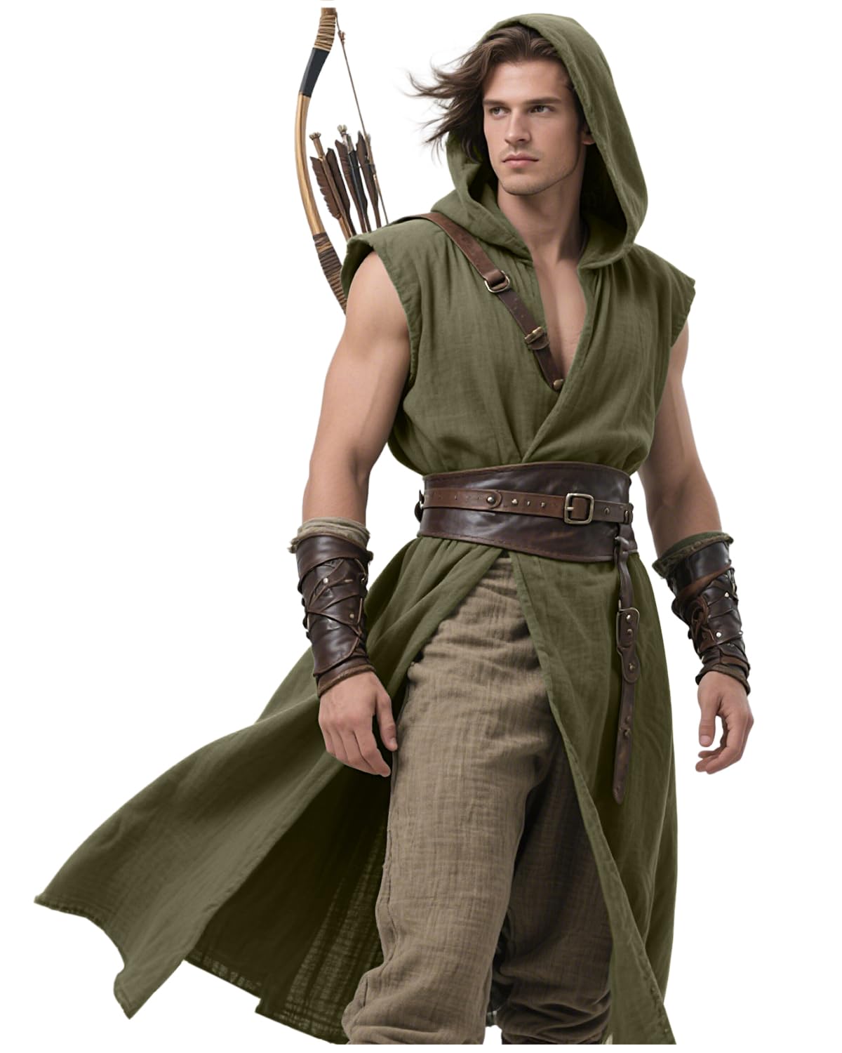 LVOW Mens Medieval Hooded Surcoat Renaissance Tabard Sleeveless Tunic Cloak Viking Costume Holloween Assassin Cosplay