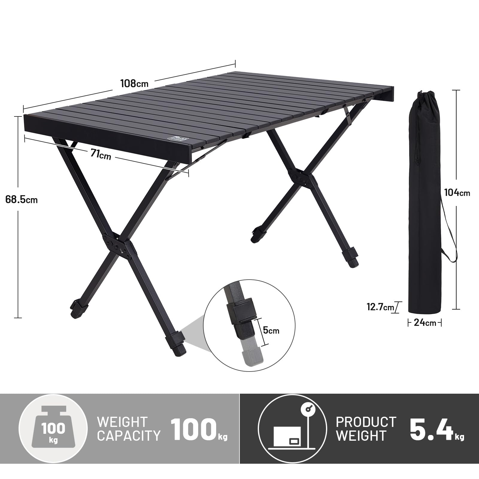 PORTAL Campingtafel, opvouwbaar, in hoogte verstelbaar, met netvak, klaptafel, aluminium, 108 x 71 cm, rolbaar, campingtafel, inklapbaar, vouwtafel, licht, voor picknick, feest, tuin, wandelen, reizen