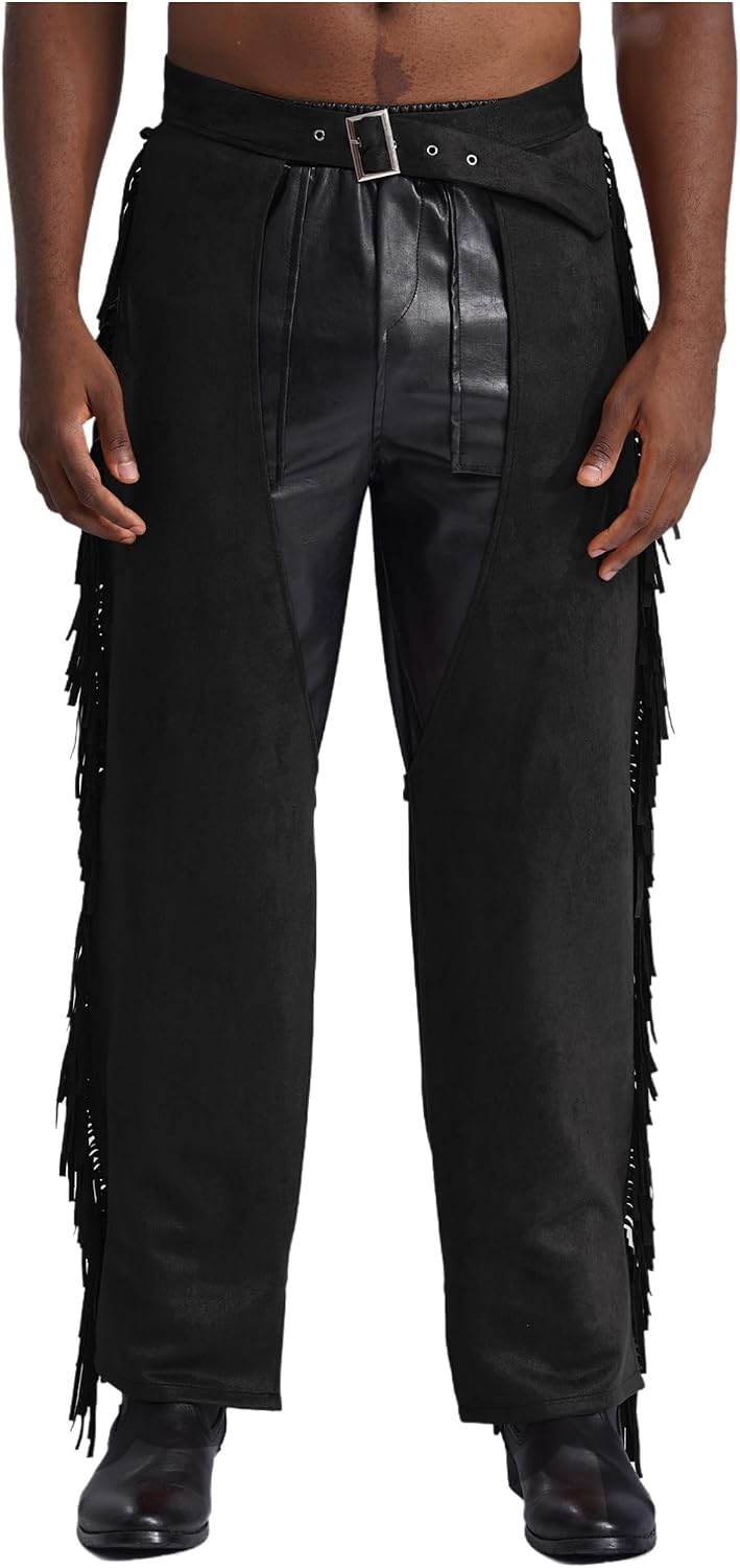 Agoky Mens Suede Fringe Western Cowboy Chaps Protective Chaps Waist Adjustable Buckle Leggings