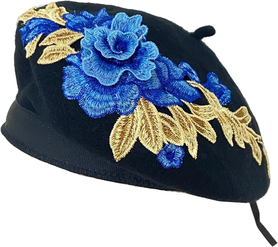 Women Classic French Beret Lady Vintage Rose Embroidery Floral Wool Winter Hat Beanie Cap