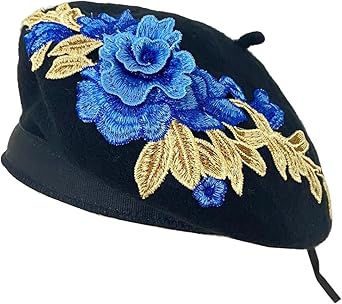 Women Classic French Beret Lady Vintage Rose Embroidery Floral Wool Winter Hat Beanie Cap