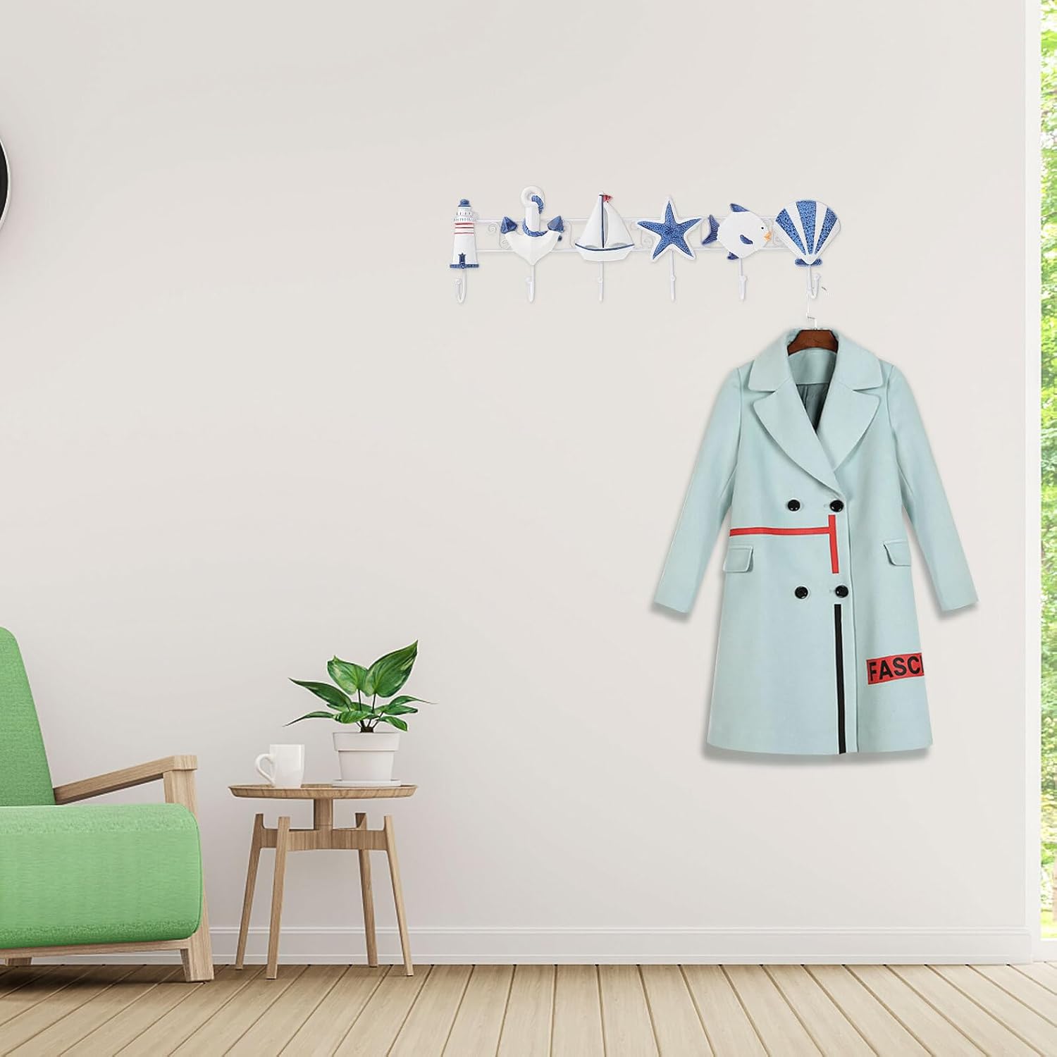 Wooden Mediterranean Style Decorative Coat Hooks 6-Hook Rack Ocean-Inspired Household Hangers for Entryway Wall Storage and Home Organization