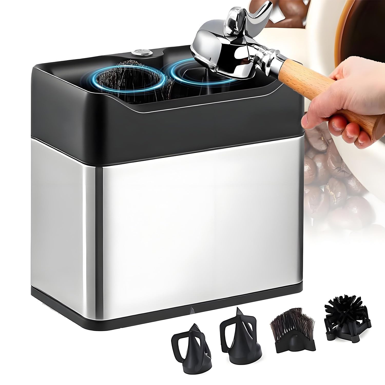 Limpiador de portafiltros de café eléctrico, Limpiador de posos de café, Cabezales de Cepillo Dobles, rotación de 300 RPM, para cafeterías domésticas o comerciales Silver