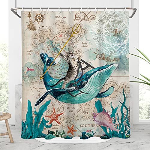 Aatter Funny Cat Shower Curtain Whale Nautical Map Shower Curtains Green Sea Beach Theme Ocean Creature Landscape For Bathroom Decor W60''Xh72'' 12 Hooks Included #TOP26