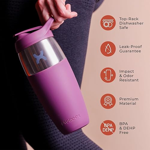 Miniatura 6 de Botella mezcladora de proteínas de acero inoxidable de 32 onzas, vaso agitador de metal a prueba de fugas con agitador de ajuste a presión para