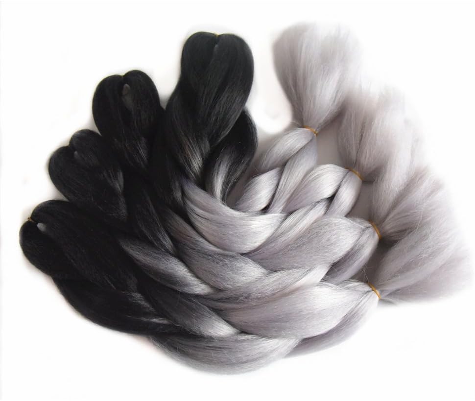 3 pack Jumbo Crochet Braids Black Light Grey Color 24 inch Ombre Kanekalon Braiding Hair Hair Bundles Synthetic Hair Extensions for Black Woman