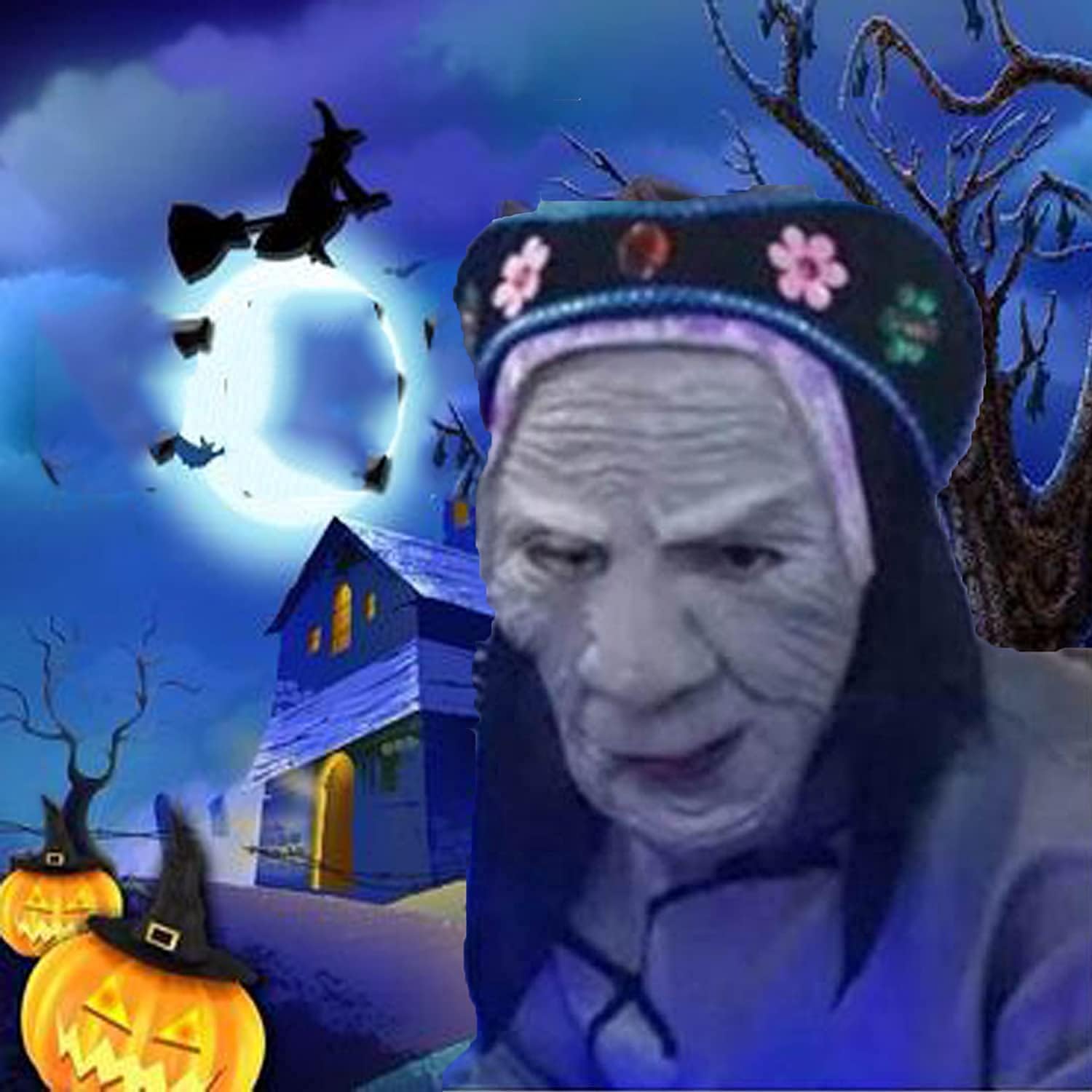 Halloween Scary Mask Old Witch Wrinkle Ghost Horror Head Cover Creepy Headgear Cosplay Prop Soft Fabrics Cover Full Face Costume Accessories Fancy Dress Party Supplies for Halloween Cosplay Carnival