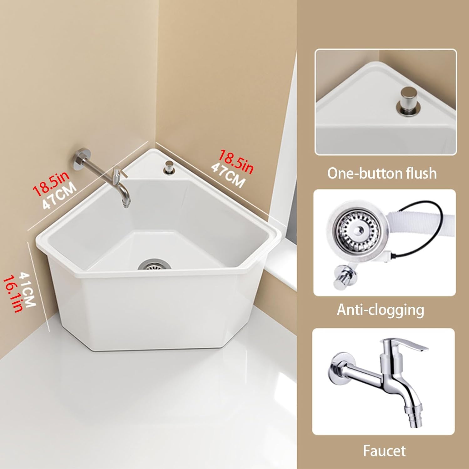 Narrow Floor Mop Sink with Faucet,Ceramic Mop Service Basin with Drain Button,Free Standing Sink mop Pool,Utility Floor Mops Sinks for Garage,Bathroom