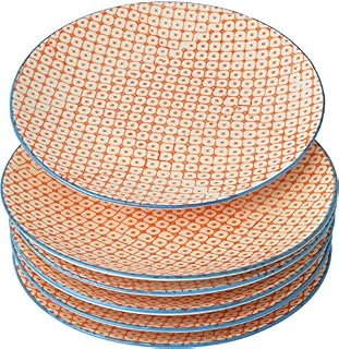 Nicola Spring 6 Piece Hand-Printed Side Plate Set - Japanese Style Porcelain Dessert Bread Plates - Orange - 18cm