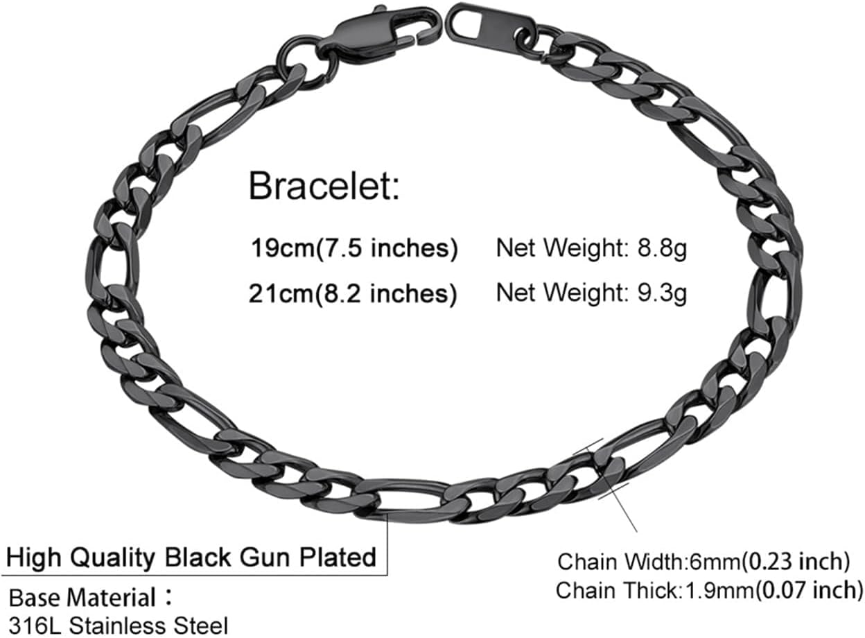 ChainsHouse Figaro Link Chain Bracelet, Mens Gold Bracelet Stainless Steel/Black/14K Gold Plated Wrist Figaro Bracelets for Men Women, 6MM-13MM, 7.5"/8.3", Send Gift Box - Image 6