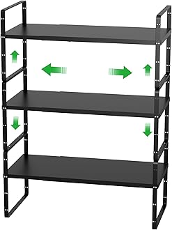 WEJIPP Cabinet Organizer Shelves,Expandable Cabinet Spice Racks,Stackable Pantry Counter Under Sink Shelves, Storage Shelves for Kitchen,Home,Office,3 Packs,10.24" D,Black